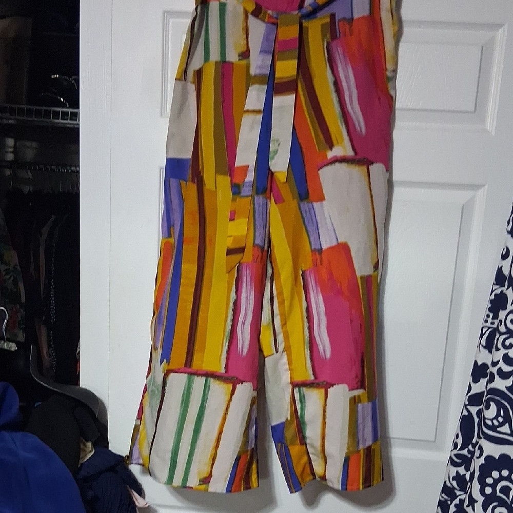 Truth Wide Leg Trousers in Pink, Yellow, Blue & Green Abstract Print Sz XL $28